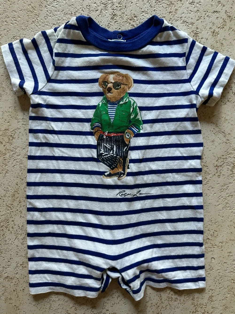 Ralph Lauren Navy & White Striped Bear Graphic Short Sleeve Romper